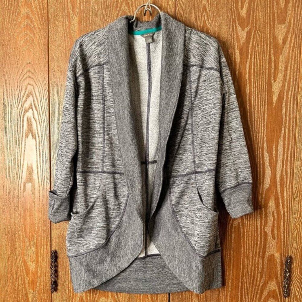 Eddie Bauer Women's Camp Fleece Wrap Cardigan Blue Grey Open Front Thumb Holes M